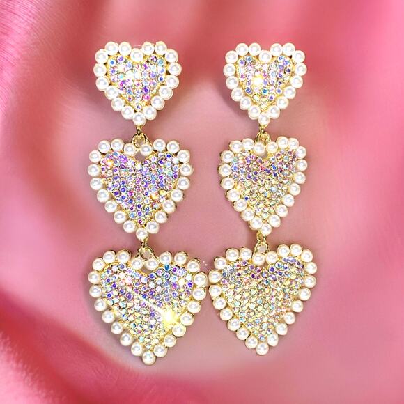 New Heart Rhinestone Iridsecent Pearl‎ Long Drag Pageant Earrings Formal Prom - Picture 1 of 2